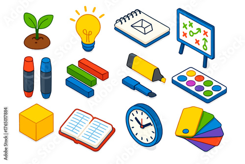 Creative Tools Icons. Isometric vector illustration set growth and creativity: plant icon, illuminated light bulb, design