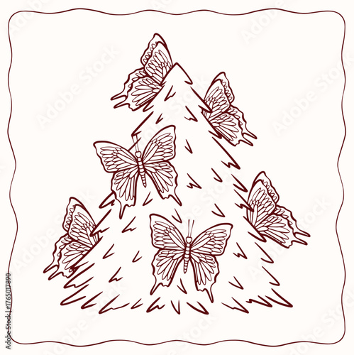 Christmas tree decorated with butterflies, vector art