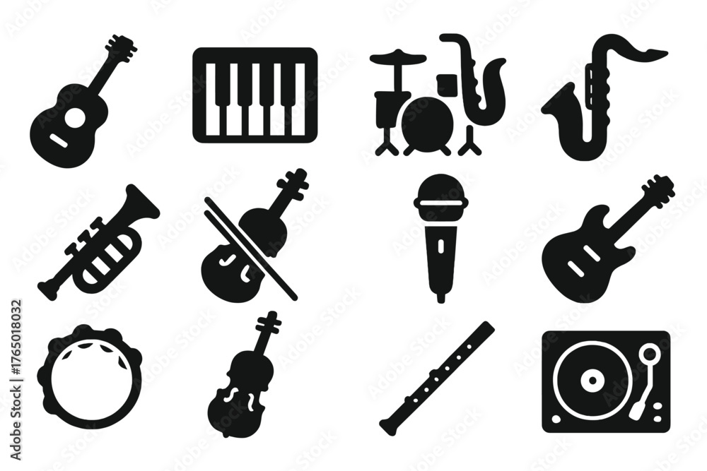 Obraz premium Music Instrument Icons. Solid style icons of music instruments: acoustic guitar, piano keyboard, drum set, saxophone, trumpet,