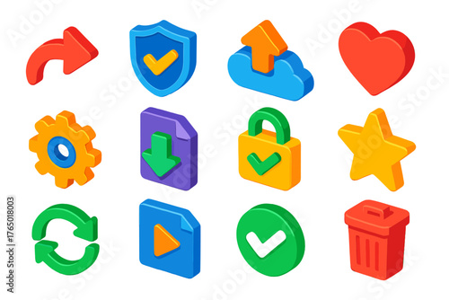 Digital Interface Icons. Isometric vector illustration set Digital Interface Essentials: share arrow, security shield, upload