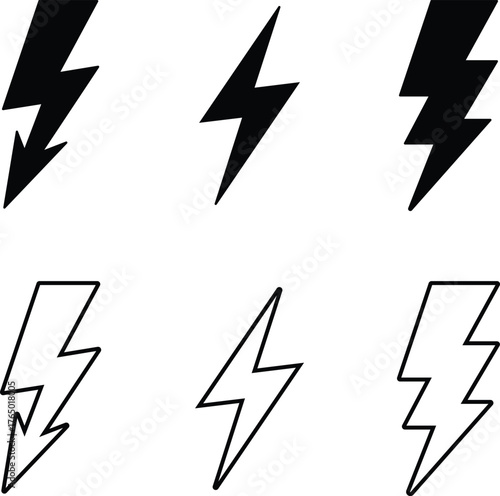 Six black and white lightning bolt icons on white background thunderbolt electricity