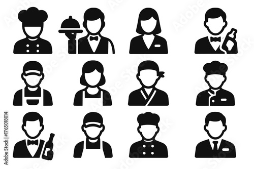 Hospitality Staff Icons. Solid style icons of Staff: chef with hat, waiter holding tray, hostess figure, bartender, barista,