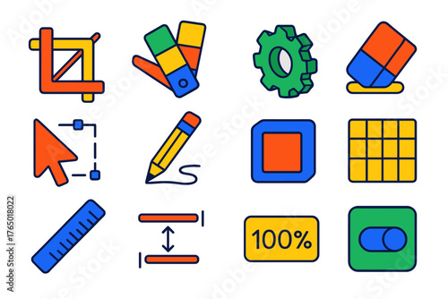 Minimalist Design Tools. Isometric vector illustration set Minimalist Design Tools: crop icon, color palette, settings gear,