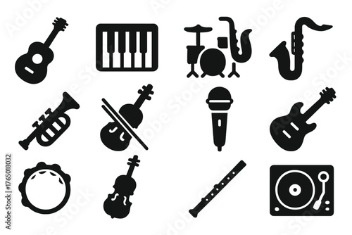 Music Instrument Icons. Solid style icons of music instruments: acoustic guitar, piano keyboard, drum set, saxophone, trumpet,