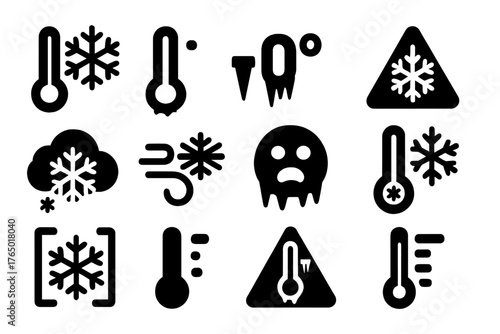 Winter Weather Icons. Solid style icons of freezing temperatures: low temperature icon, icy thermometer, subzero symbol, frostbite