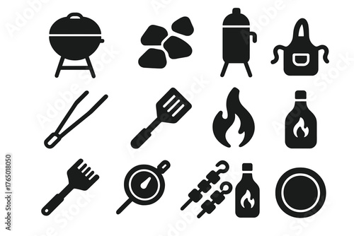 Barbecue Essentials Icons. Solid style icons of Barbecue essentials: grill, charcoal, smoker, tongs, spatula, apron, grill brush,
