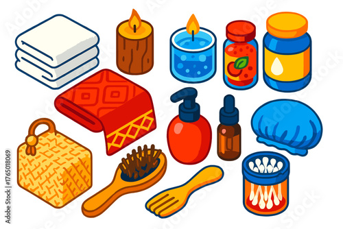 Isometric Bath Essentials. Isometric vector illustration set featuring towel, candle, and bath supplies: white towel stack,