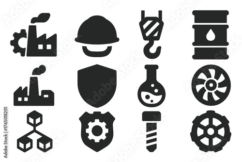 Industrial Icons Collection. Solid style icons of Industry symbols: factory gear, hard hat icon, crane hook, oil barrel, energy