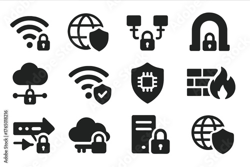 Secure Network Icons. Solid style icons of secure networks: locked Wi-Fi, shielded globe, secure connection icon, VPN tunnel,