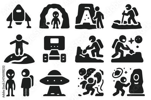 Space Adventure Icons. Solid style icons of Adventure and discovery: spaceship landing, alien cave, crater exploration, floating