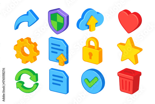 Digital Interface Icons. Isometric vector illustration set Digital Interface Essentials: share arrow, security shield, upload