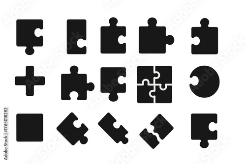 Puzzle Piece Icons. Solid style icons of Puzzle pieces: corner piece, edge piece, center piece, interlocking piece, four-way piece