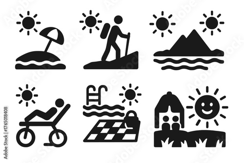 Sunny Outdoor Activities. Solid style icons of outdoor and leisure in sun: beach sun icon, hiking under sun, sun and mountain,