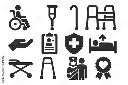 Healthcare Support Icons. Solid style icons of Patient support: wheelchair, crutch, walking stick, rehab walker, caregiver hand,
