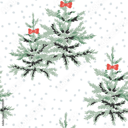 Christmas seamless pattern, green fir trees, red bows, snow, white background. Vector illustration. Nature design. Season greeting. Winter holidays