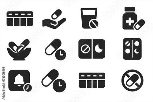 Solid Style Medication Icons. Solid style icons of Medication: daily pill box, capsule in hand, pill with water, prescription