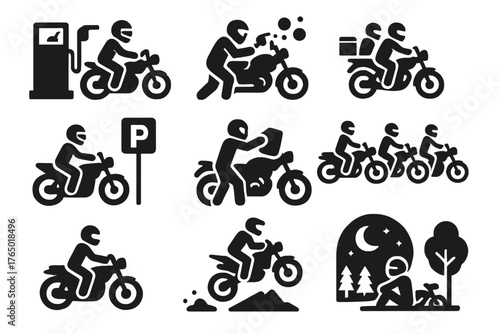 Motorcycle Life Icons. Solid style icons of Motorcycle life: refueling, repairing, cleaning, parking, loading luggage, group ride,