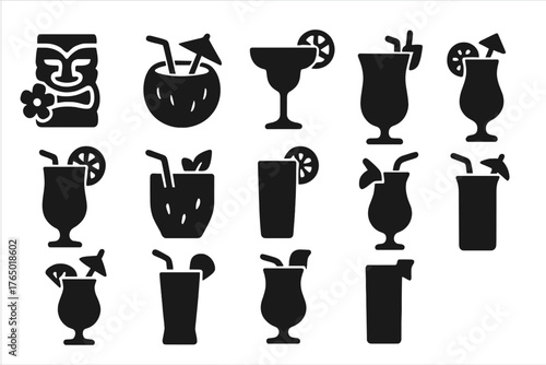 Tropical Cocktail Icons. Solid style icons of Tropical cocktails: tiki glass, coconut drink, frozen daiquiri, rum punch, blue