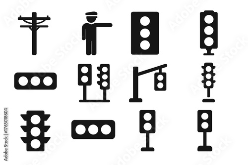 Traffic Control Icons. Solid style icons of traffic control infrastructure: light pole with wires, traffic controller icon,