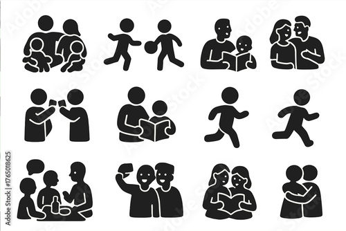Joyful Family and Friends. Solid style icons of Family and friends: group sitting, kids playing, couple laughing, friends clinking