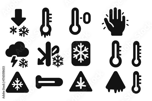 Winter Weather Icons. Solid style icons of freezing temperatures: low temperature icon, icy thermometer, subzero symbol, frostbite