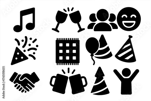 Party Celebration Icons. Solid style icons of Party and gathering: music note, clinking glasses, group of people, laughter,