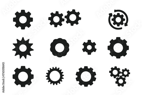 Gears Icon Set. Solid style icons of Gears: single gear, double gears, triple gears, rotating cog, spiked gear, smooth gear, mini