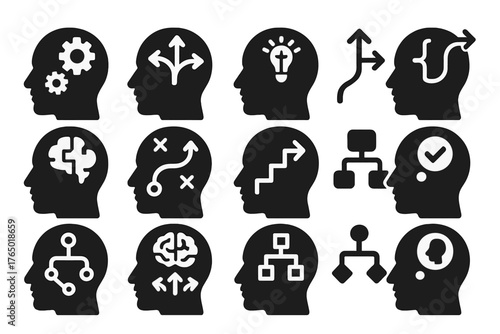 Thinking Process Icons. Solid style icons of Thinking process: head with cogs, head with arrows, problem solving brain, decision