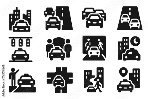 Urban Taxi Icons. Solid style icons of urban transport and traffic: taxi in city, road with cabs, traffic jam icon, car lane icon,