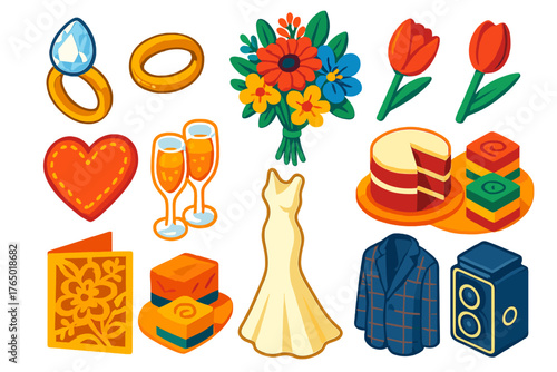 Colorful Wedding Icons. Isometric vector illustration set rings, flowers, heart, toast, cake, card, dress, camera: pear-shaped
