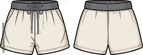 Shorts flat sketch, casual drawstring waistband design, fashion technical drawing, summer clothing template, unisex apparel illustration, vector garment design art