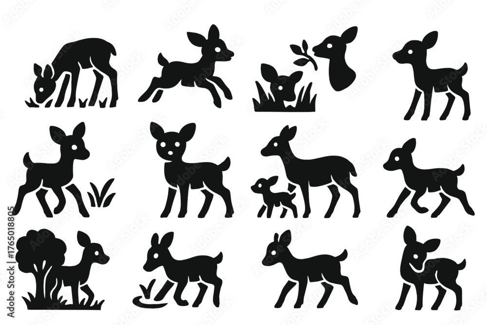 Obraz premium Young Deer Icons. Solid style icons of Young Deer Behavior: grazing fawn, leaping fawn, hiding in grass, sniffing leaves, curious