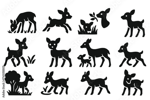 Young Deer Icons. Solid style icons of Young Deer Behavior: grazing fawn, leaping fawn, hiding in grass, sniffing leaves, curious