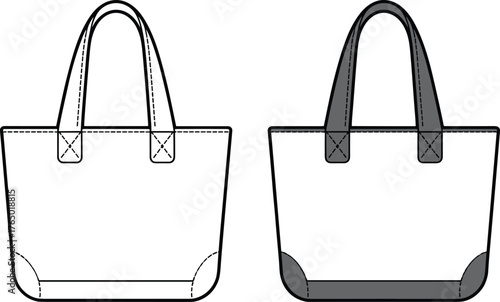 Fashion tote bag design illustration, canvas handbag sketch, leather handle bag, sewing pattern, fashion accessory template vector art