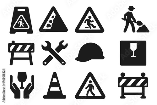 Safety Icons Collection. Solid style icons of Caution icons: wet floor sign, falling rocks symbol, slippery surface, construction