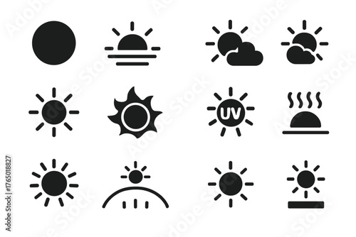 Solar Weather Icons. Solid style icons of sun and solar weather: bright sun, sunrise horizon, sunset icon, sun behind cloud, sun