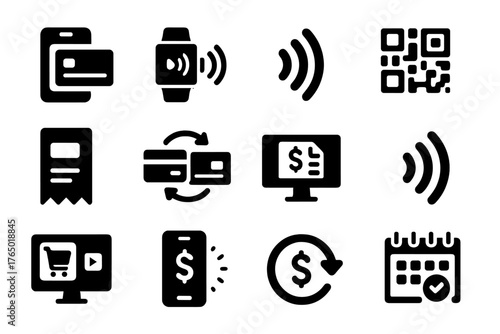 Cashless Society Icons. Solid style icons of Cashless society: phone payment, smartwatch tap, NFC icon, digital QR code, e-receipt