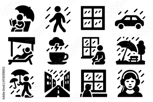 Rainy Day Icons. Solid style icons of rainy day activities: reading with umbrella, person walking in rain, window with rain