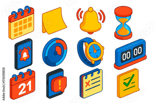 Time Management Icons. Isometric vector illustration set Time and Reminder: wall calendar, sticky post-it, ringing bell icon,