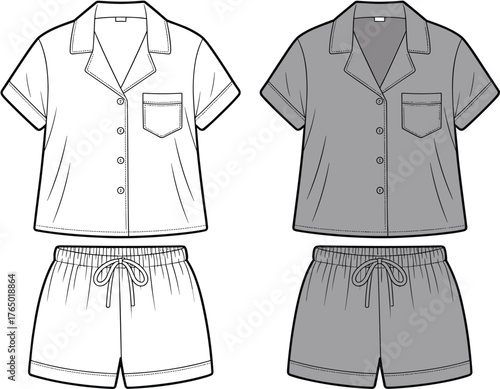 Women’s short sleeve pajama set vector, button-up sleepwear top and drawstring shorts fashion flat sketch illustration