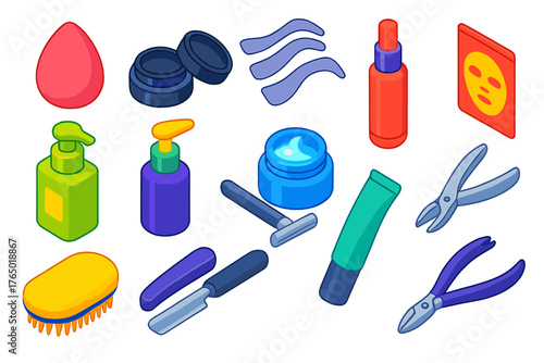 Bold Beauty Essentials. Isometric vector illustration set Makeup, Skincare, and Grooming: makeup sponge, eyeliner pot, brow