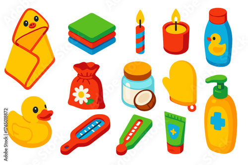 Isometric Bath Essentials. Isometric vector illustration set featuring towel, candle, and bath supplies: hooded baby towel,