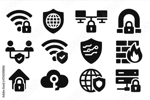 Secure Network Icons. Solid style icons of secure networks: locked Wi-Fi, shielded globe, secure connection icon, VPN tunnel,