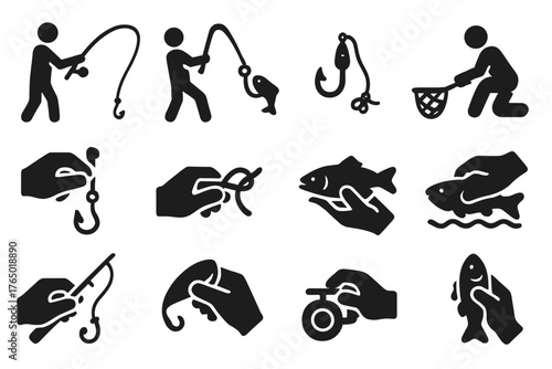 Fishing Icon Set. Solid style icons of Fishing actions: casting line, reeling in, hooking fish, netting catch, baiting hook, tying
