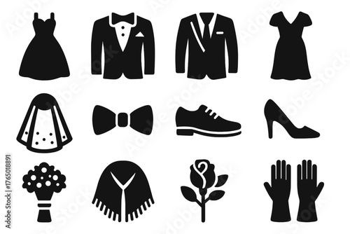 Wedding Attire Icons. Solid style icons of Wedding outfits: wedding dress, tuxedo, suit, gown, veil, bow tie, dress shoes, high