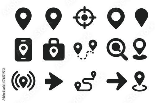 Location Icon Set. Solid style icons of locating objects: map marker, pinpoint icon, GPS crosshair, location dot, find device,