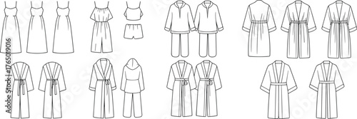Fashion CAD drawing of dresses, robes, pajamas, and loungewear, vector clothing template for apparel design illustration