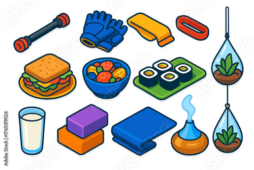 Healthy Lifestyle Icons. Isometric vector illustration set Healthy Lifestyle: resistance bar, workout gloves, sweat towel,