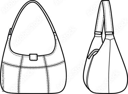 Elegant hobo handbag CAD drawing, flat vector illustration of leather purse design, technical fashion accessory template for designers