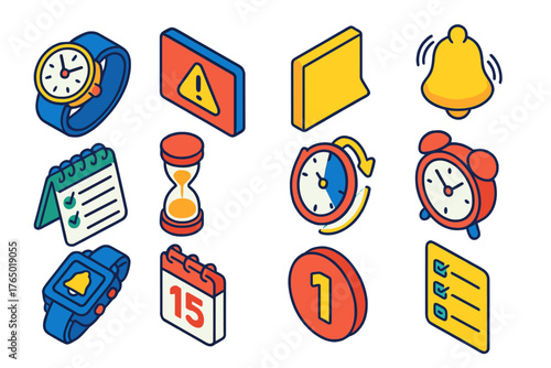 Time Management Icons. Isometric vector illustration set Time and Reminder: wrist chronograph, alert popup, paper sticky note,